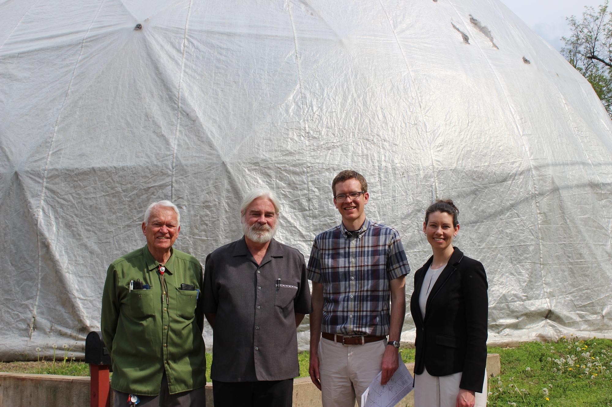 The late Fuller Dome Home Museum Founder Bill Perk and the late President Jon Davey with Frank Butterfield and Bonnie McDonald